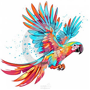 Flying colorful parrot with yellow, red, blue feathers and long tail. Drawn tropical bird isolated on white background