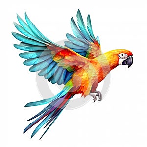 Flying colorful parrot with yellow, red, blue feathers and long tail. Tropical bird isolated on white background