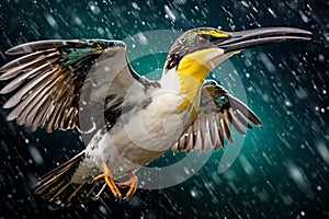 Flying colorful tropical bird in the air on a blooming tree background on a rainy weather.