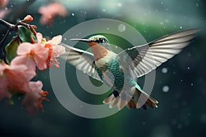 Flying colorful tropical bird in the air on a blooming tree background on a rainy weather in forest.