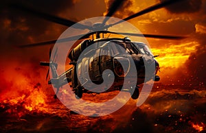 Flying combat helicopter in the dangerous place. Fire and smoke around. War concept. Generative AI