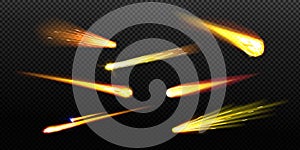 Flying comets, asteroid or meteor with flame trail