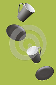 Flying Concept of Brown Coffee Tea Cup and Plate on Green Background