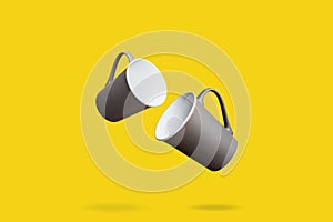 Flying Concept of Brown Coffee Tea Cup and Plate on Yellow Background