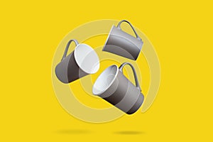 Flying Concept of Brown Coffee Tea Cup on Yellow Background