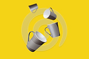 Flying Concept of Brown Coffee Tea Cup on Yellow Background