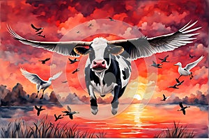 Flying Cow and Ducks: Majestic Journey Across the Red Sunset Sky Toward the Equator - Watercolor Dreams