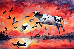 Flying Cow and Ducks: Majestic Journey Across the Red Sunset Sky Toward the Equator - Watercolor Dreams