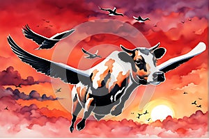 Flying Cow and Ducks: Majestic Journey Across the Red Sunset Sky Toward the Equator - Watercolor Dreams