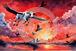 Flying Cow and Ducks: Majestic Journey Across the Red Sunset Sky Toward the Equator - Watercolor Dreams