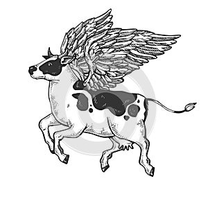 Flying cow farm animal engraving vector
