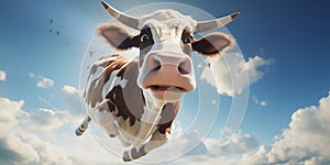 A flying cow soars through the skies, blending whimsy with wonder in a playful dance with the clouds. Generative AI