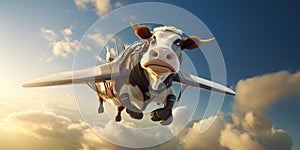 A flying cow soars through the skies, blending whimsy with wonder in a playful dance with the clouds. Generative AI