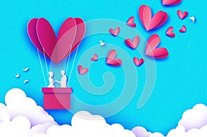 Flying Cupid - little angel. Love Pink Heart in paper cut style. Origami boy - Cherub. Red hot air balloon flying. Love