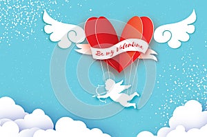 Flying Cupid - little angel. Love Pink Heart in paper cut style. Origami boy - Cherub. Red hot air balloon flying. Love