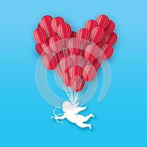 Flying Cupid - little angel. Love Red Heart in paper cut style. Origami little boy - Cherub. Bow and Arrow. Red Balloons