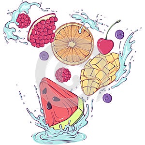 Flying cut fruit with splashes of water color