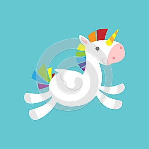 Flying cute baby Unicorn on blue background photo