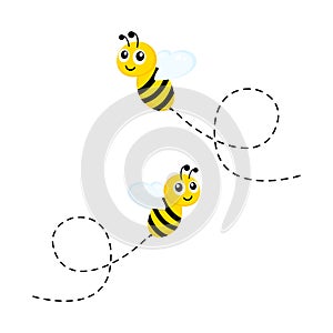 Flying cute bees with dotted route. Bumblebees happy set.