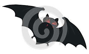 Flying Dark Bat with Flaming Eyes and Bloody Fangs, Vector Illustration