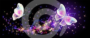Flying delightful butterflies with sparkle and blazing trail flying in night sky among shiny glowing stars in cosmic space. Love photo