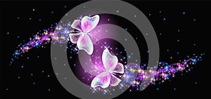 Flying delightful magical butterflies with sparkle and blazing trail in night sky. Love and romance concept