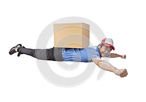 Flying delivery man carrying carton box on back isolated white b