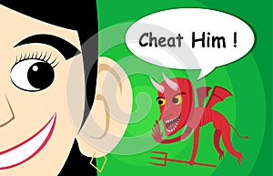 Flying devil whisper woman to chest vector cartoon