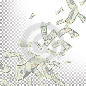 Flying Dollar Banknotes Vector. Cartoon Money Bills Banknotes. Falling Finance. Rain From Dollars . Transparent