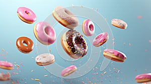 Flying donuts with pink glaze and sprinkles on blue sky background