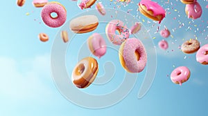 Flying donuts with pink glaze and sprinkles on blue sky background
