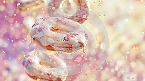 Flying donuts with pink icing and splashes on a colorful background