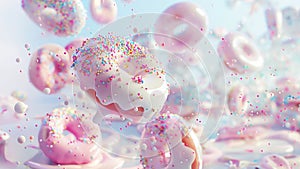 Flying donuts with pink icing and splashes on a colorful background