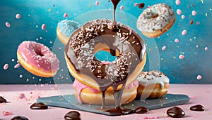 Flying doughnuts on blue and pink background