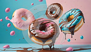 Flying doughnuts on blue and pink background
