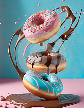 Flying doughnuts on blue and pink background