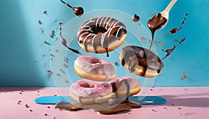 Flying doughnuts on blue and pink background