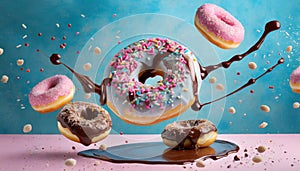 Flying doughnuts on blue and pink background