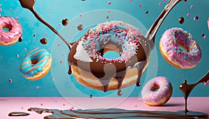 Flying doughnuts on blue and pink background