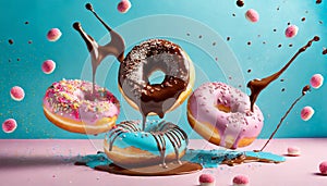 Flying doughnuts on blue and pink background