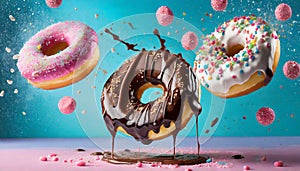 Flying doughnuts on blue and pink background