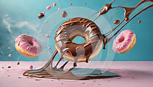 Flying doughnuts on blue and pink background