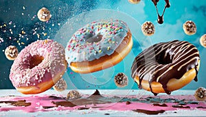 Flying doughnuts on blue and pink background