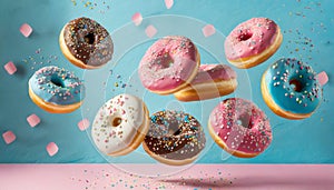 Flying doughnuts on blue and pink background