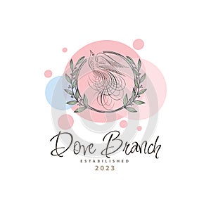 Flying Dove bird branch nest outline luxury monogram beauty logo template design for brand or company