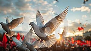 Flying Doves Over a Crowd at Sunset: Symbolizing Peace