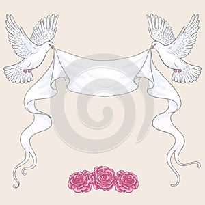 Flying Doves, Ribbon and Pink Roses