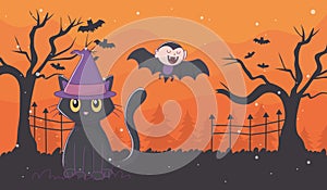 Flying dracula and cat with hat halloween