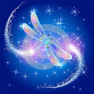 Flying dragonfly with sparkle and blazing trail