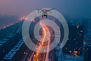 flying drone above the city at snowy winter night